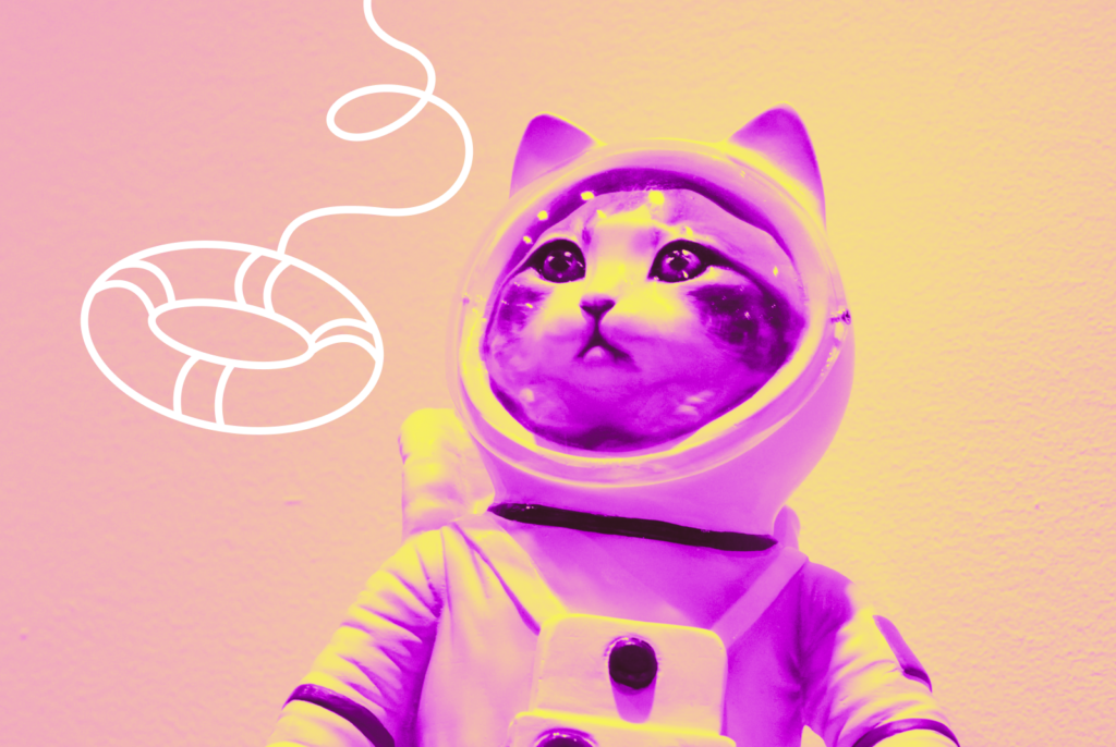 A cat dressed as an astronaut beside a cartoonish flotation device.