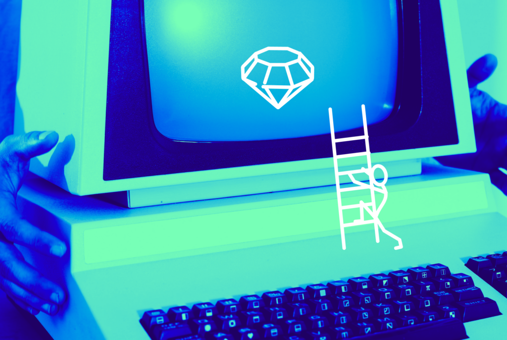 Computer with a cartoonish stick figure positioning a ladder below a gem