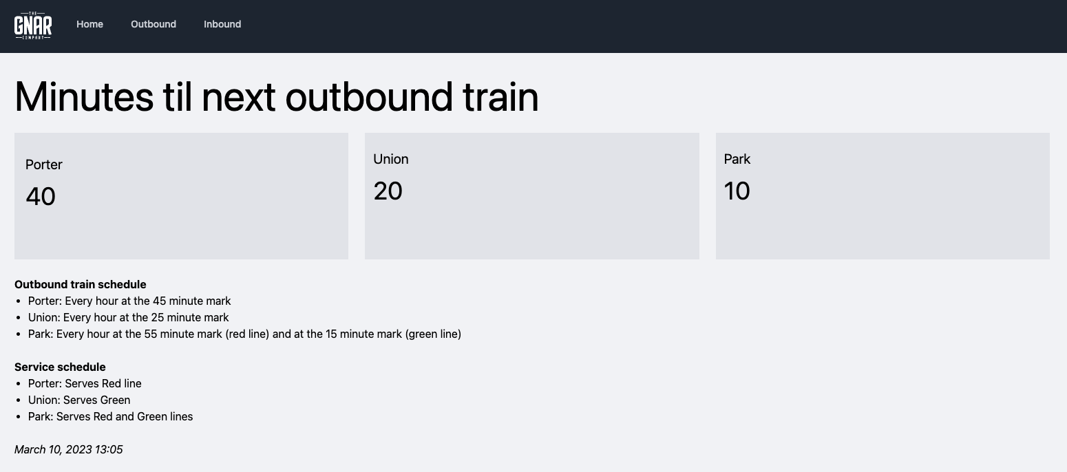 Screenshot of UI showing  service details with the next train arriving at Union station in 20 minutes.
