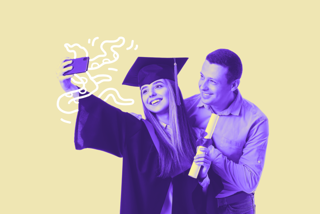 A graduate is with a friend holding a diploma and taking a selfie. There are animated tentacles coming out of the phone.